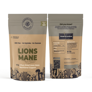 Marvellous Mycology Lion’s Mane capsules and powder packaging on white background